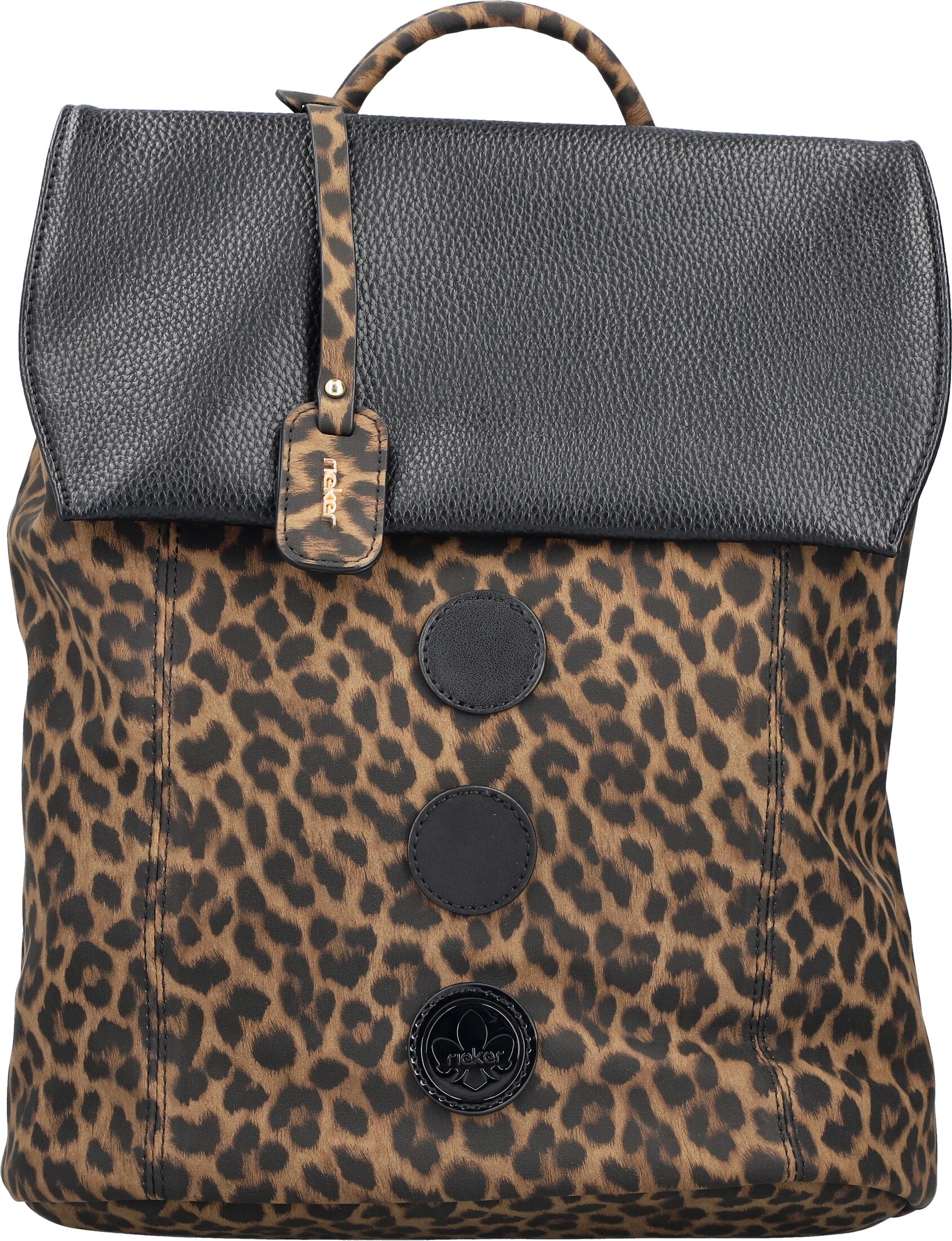 Cityrucksack RIEKER, Damen, Gr. B/H/T: 26cm x 32cm x 13,5cm, braun (leo, schwarz), Rucksäcke Cityrucksack, Freizeitrucksack, Shoppingrucksack mit bunten Akzenten leo, schwarz B/H/T: 26cm x 32cm x 13,5cm