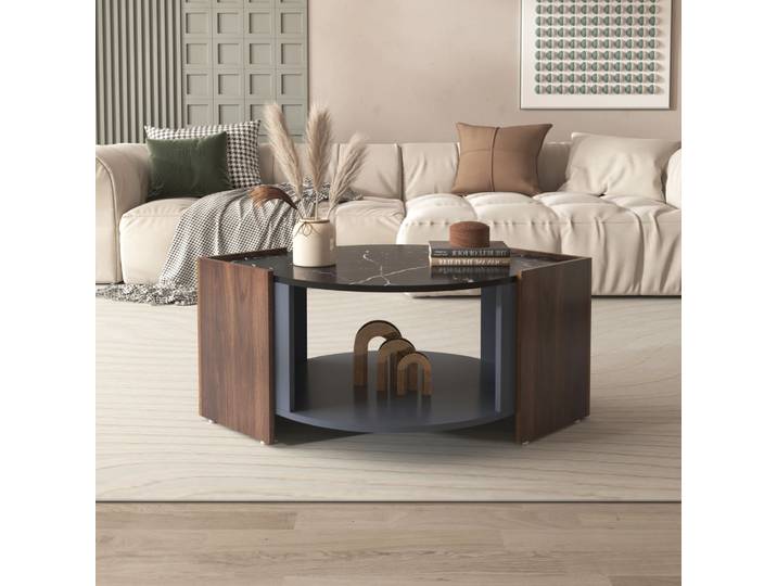 Table basse, table basse texturée en marbre et noyer en couleurs contrastées. Table de salon avec des lignes uniques.