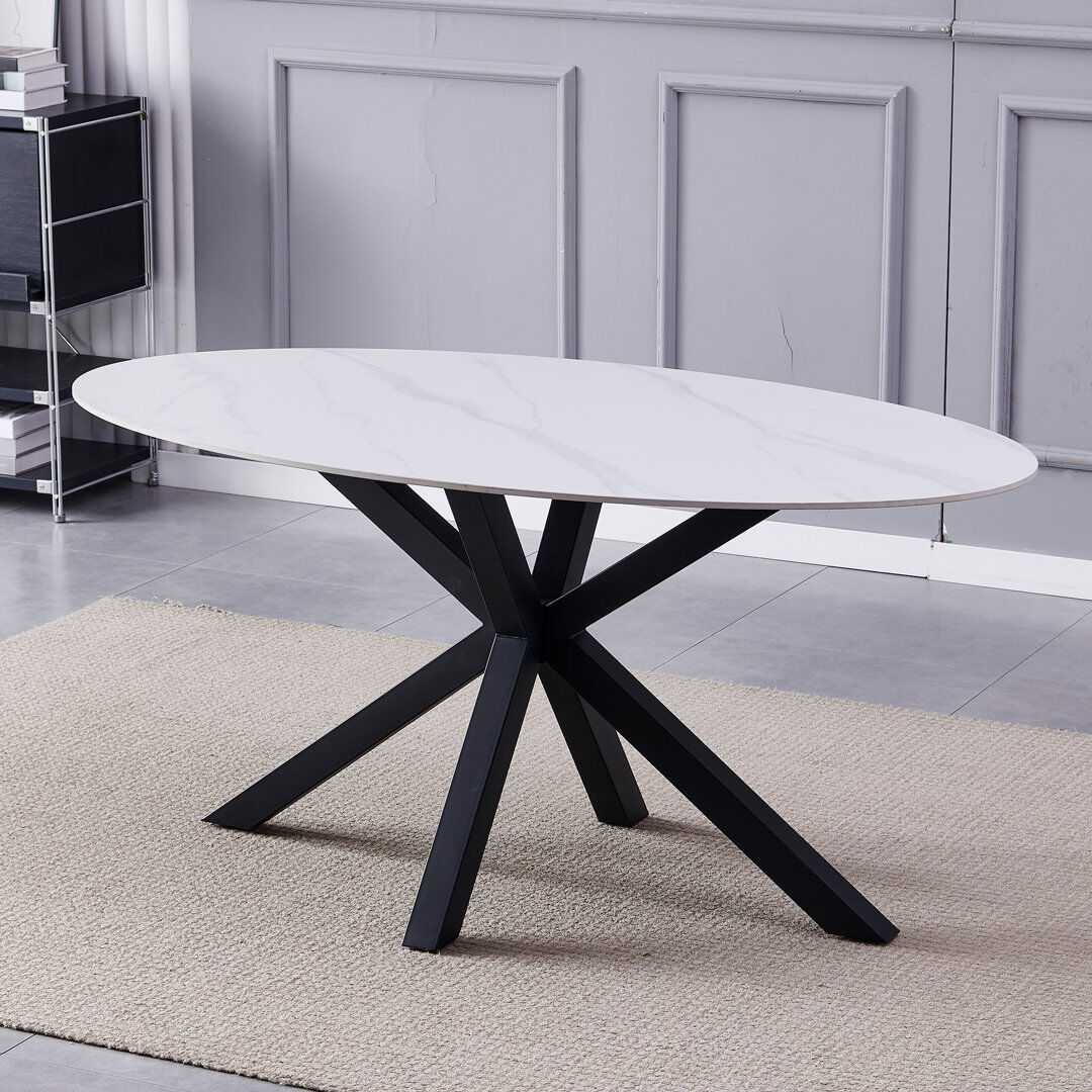 Metro Oval Stone Top Dining Table with Steel Base White
