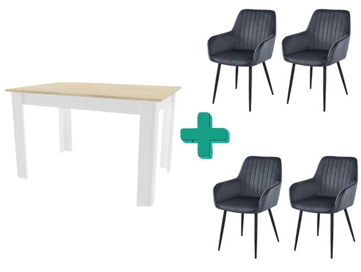 Essgruppe 1+4, weißer Tisch im Sonoma-Eichendekor MADO 120x80cm und grauer Samtstuhl SOLDEN