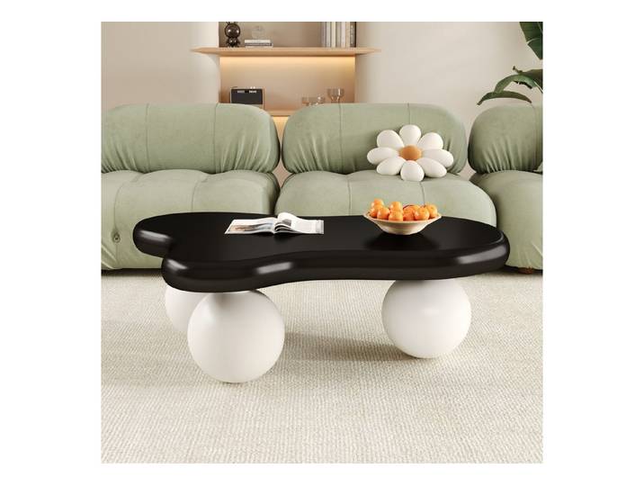 Ulife Couchtisch aus Holz, Wohnzimmertisch, mit LED-Beleuchtung, 16 Farben wählbar, Wolkenform+kugelförmige Tischbeine, 95x62,5x32cm, Schwarz-Weiß