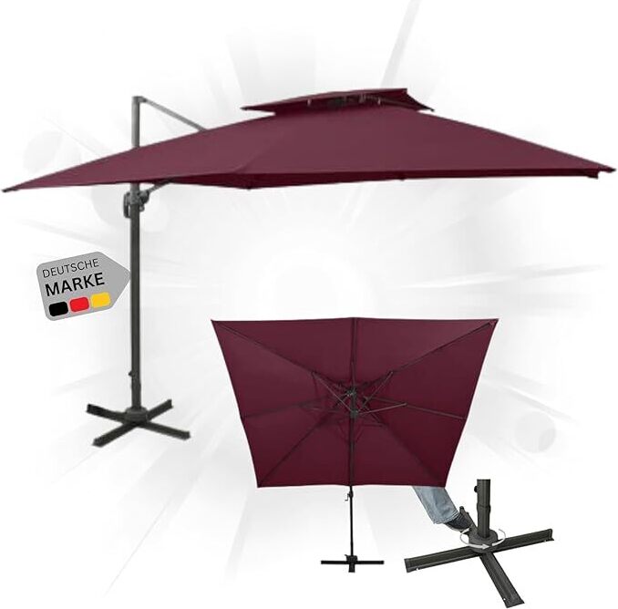 DELUKE Sonnenschirm rechteckig LOTI 300cm Rot | UV-Schutz, Kippbar, Kurbelsystem | Ampelschirm rechteckig Freiarm Sonnenschirm 300 cm Kurbelschirm Standschirm Sonnenschutz Gartenschirm