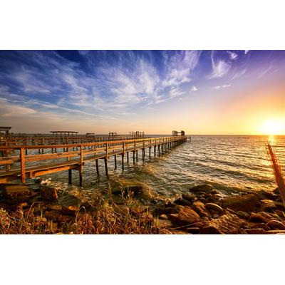 Fototapete PAPERMOON "HOLZ-BRÜCKE-TEXAS PIER STEG MEER SEE STRAND SONNE BUCHT", bunt, B:4m L:2,6m, Vlies, Tapeten