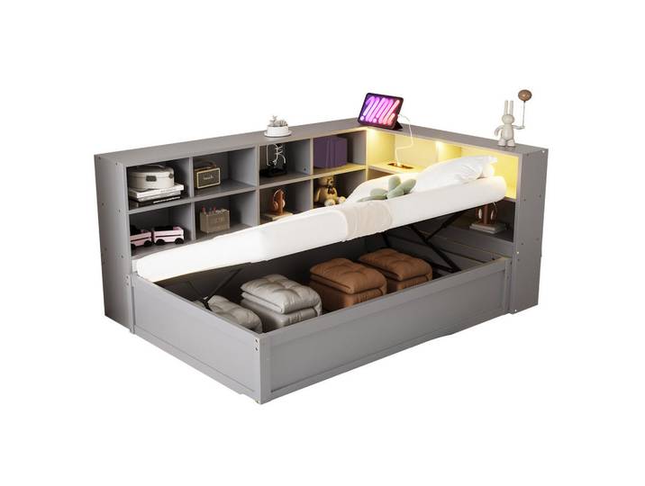 Modfu Multifunktionsbett aus Kiefernholz 90x200 cm Grau mit LED-Beleuchtung, Steckdose, Stauraum und hydraulischer Funktion, 140x190 cm, Schlafzimmer, Betten