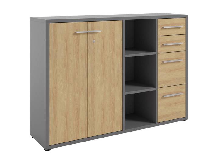 Novel Sideboard Texas, Grau, Hickory, Kunststoff, 2 Fächer, 4 Schublade(n) Schubladen, 154.9x110x40 cm, stehend, Wohnzimmer, Kommoden & Sideboards, Sideboards