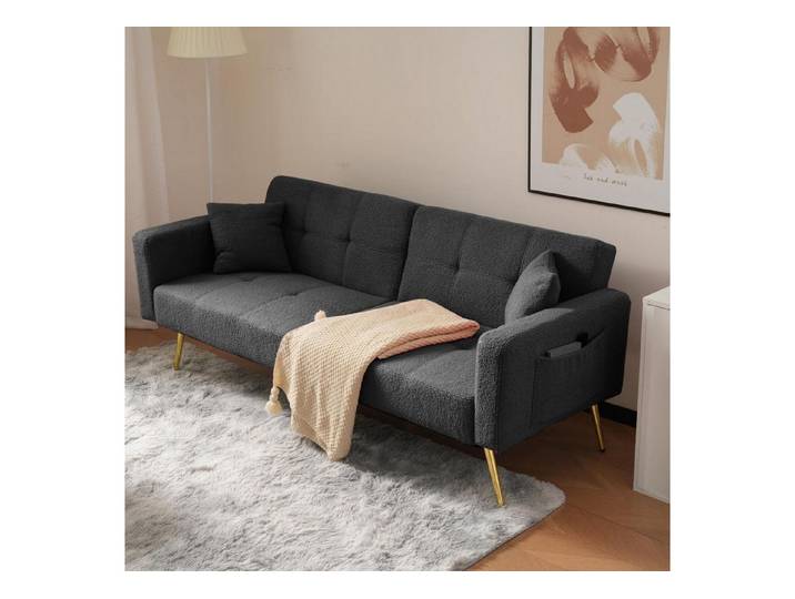 LuxusKollektion Schlafsofa Schlafsofa Schlaffunktion Rückenlehne Kissen goldene Beine Grau