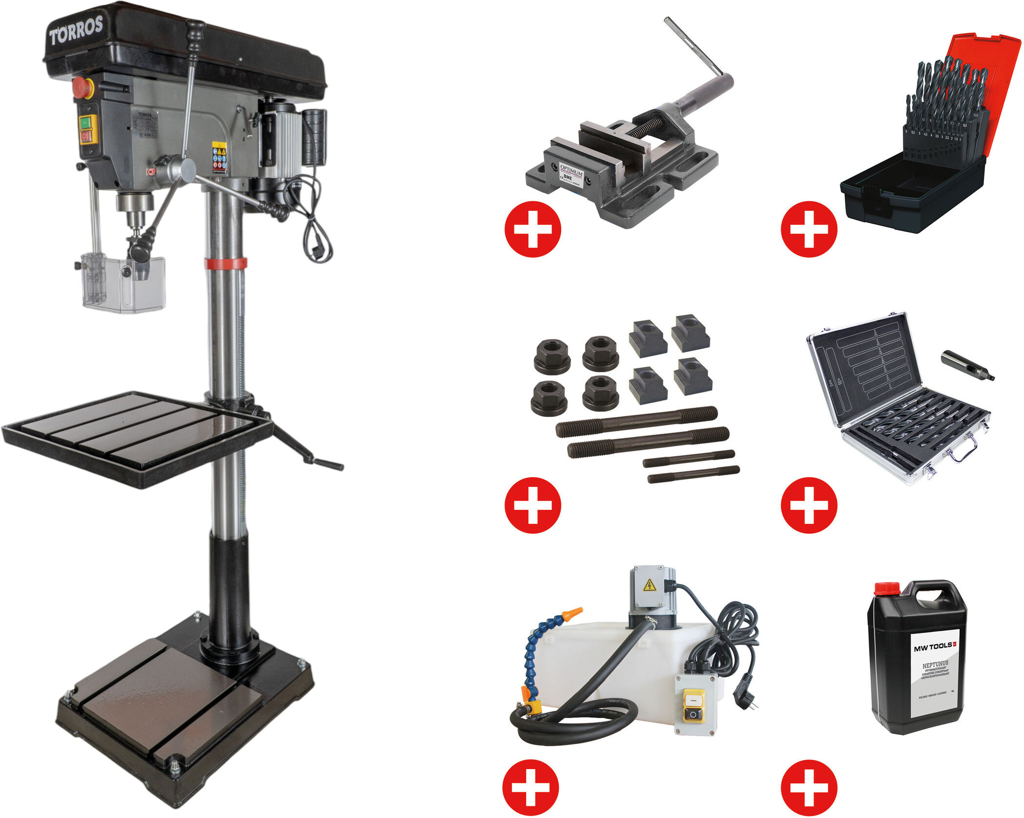 Perceuse à colonne professionnelle jusque ø 30 mm CM3 1,5 kW 230V + accessoires indispensables et unité d'arrosage Torros DF30M PACK PRO