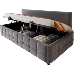 Polsterbett 90x200 cm mit hydraulischem Stauraum, Rückenlehne ohne Armlehnen, klassisches Karomuster, Samtstoff Dunkelgrau