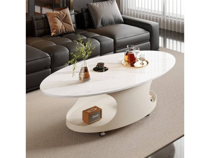 Moderner ovaler Couchtisch mit Rollen und Tischplatte aus Sinterstein Moderner Couchtisch aus Sinterstein mit Stauraum – Premium-Mittelpunkt für exklusive Lounges(H,120cm/47.2in)