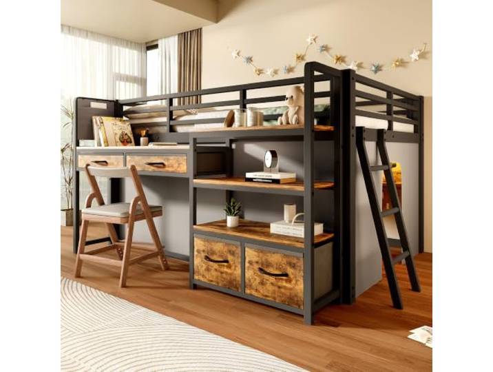Metallbett Hochbett 140x200 mit LED-Licht & Schreibtisch & Vorhang, Schwarz Multifunktionales Kinderbett Jugendbett mit LED-Beleuchtung, Schreibtisch, Stoffschubladen, Vorhang und Regal, Ohne Matratze