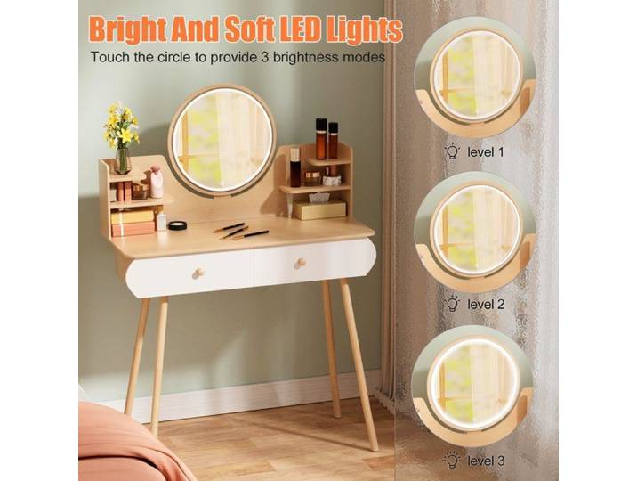 Coiffeuse avec Miroir LED Miroir Coiffeuse avec Éclairage et Multiprise Tabouret Rembourré Blanc et Doré Clair