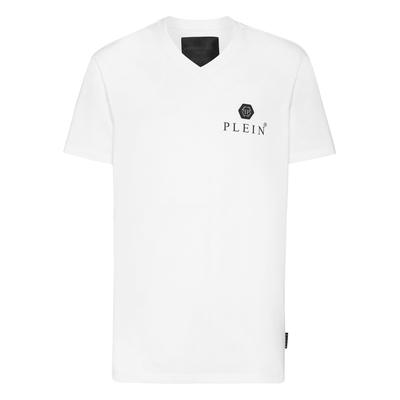 T-Shirt PHILIPP PLEIN "Kurzarm-V-Ausschnitt-T-Shirt", Herren, Gr. S, weiß (01, weiß), Obermaterial: 100% Baumwolle, Shirts T-Shirt