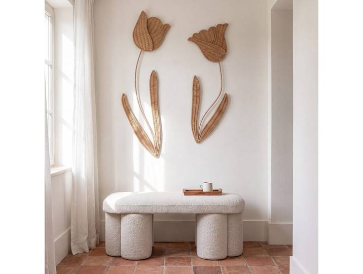 Wanddekorationen mit Blumen aus Stahl und geflochtenem Rattan (x2)