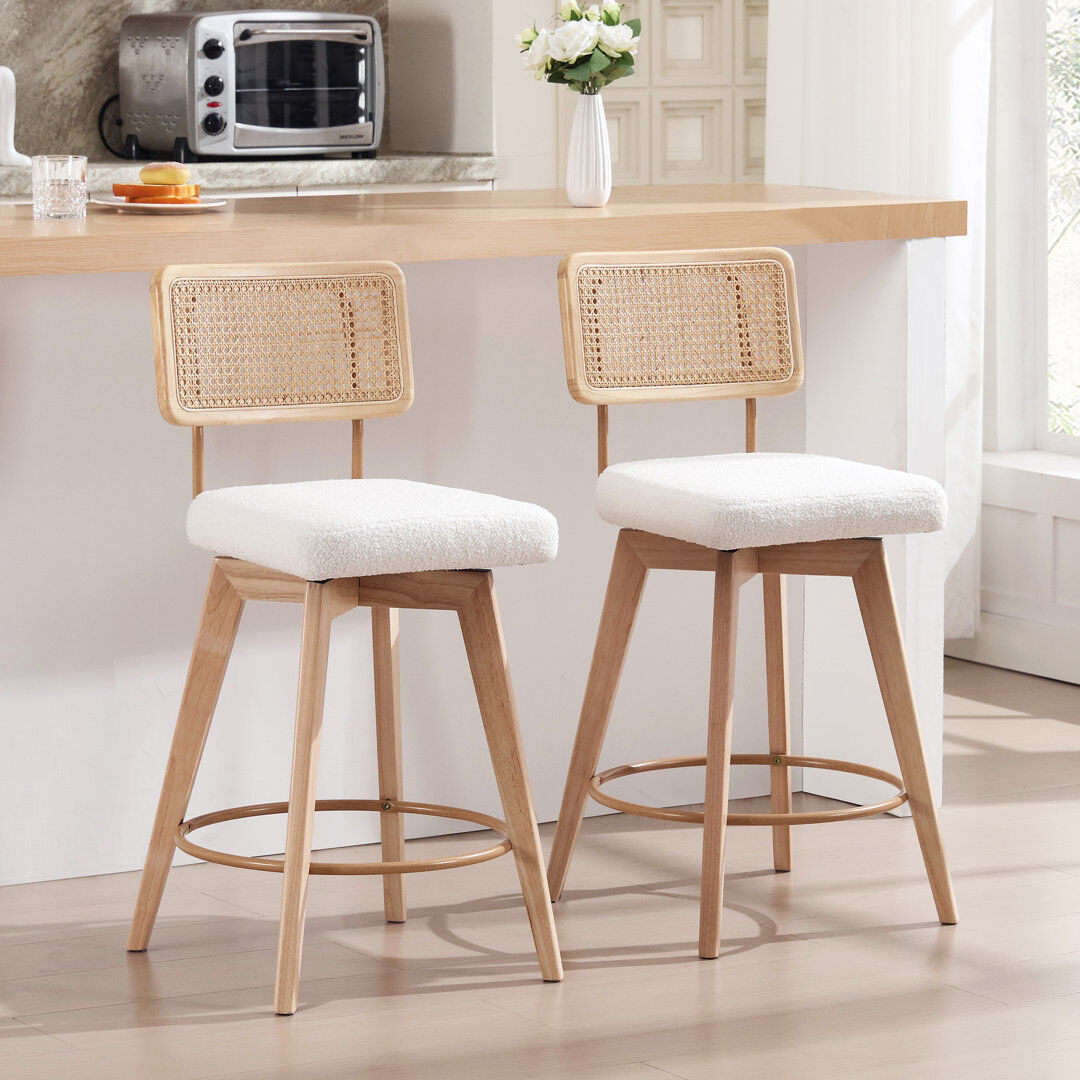 Bay Isle Home™ Uniondale Swivel Upholstered 66.5cm Counter Stool with Rattan Cane Back and Solid Wood Frame White/ Natural 98cm H X 42.9cm W X 51.1cm D
