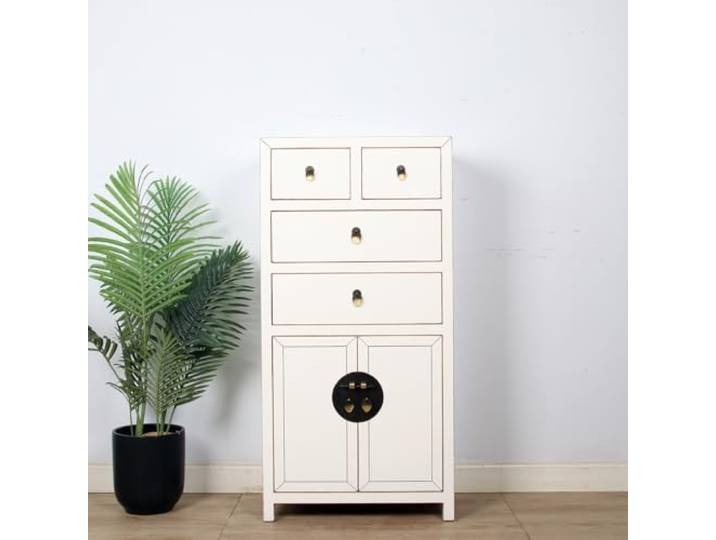 Yajutang chinesische Kommode Sideboard 4 Schub 2 Türen Cremeweiß