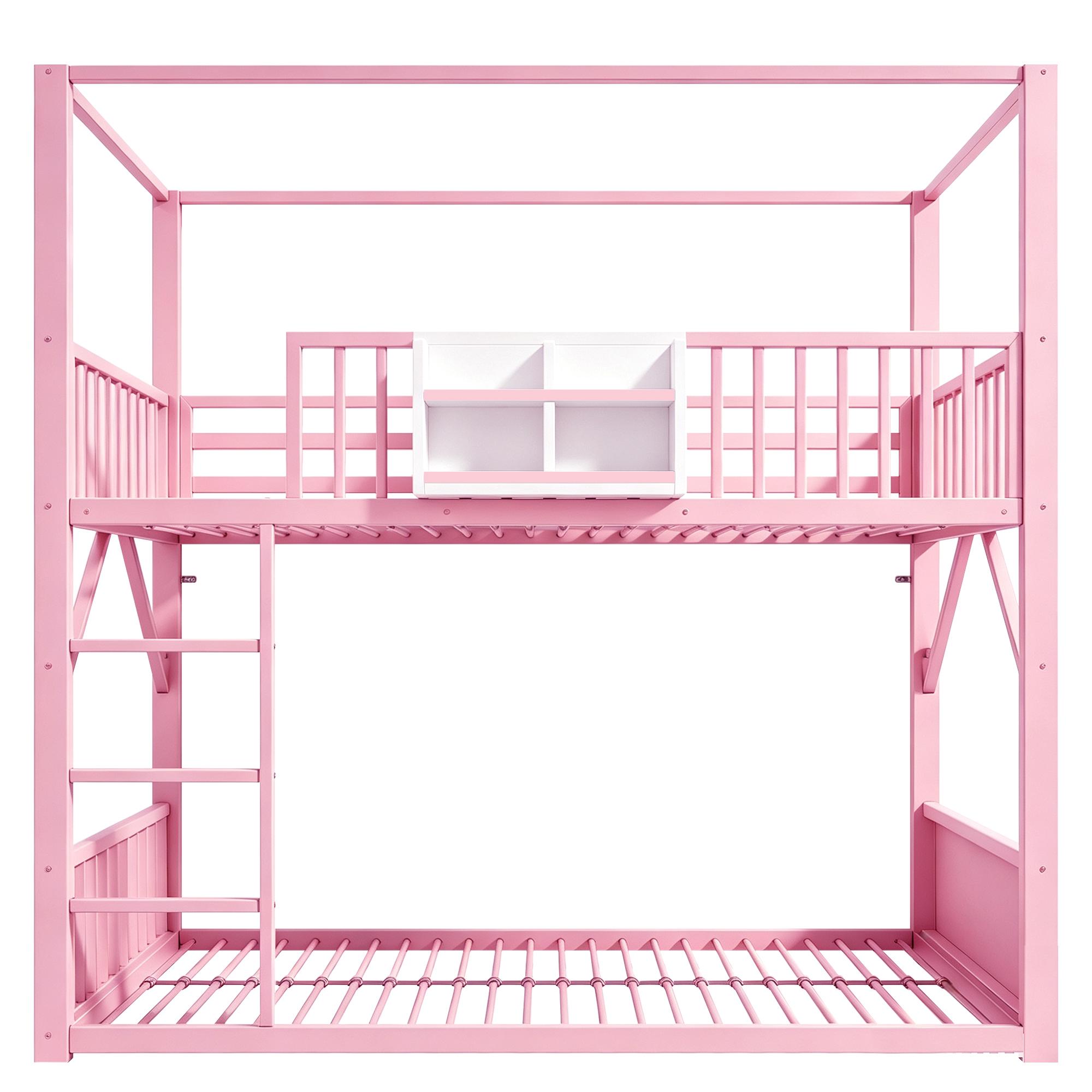 Metall-Etagenbett - Kinderbett mit Dach - 90 x 200 cm - Platzsparend - Mit Stauraum - Rosa