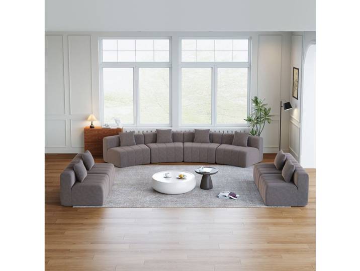 Canapé modulable 8 places avec coussins sans montage forme courbée Chenille Gris