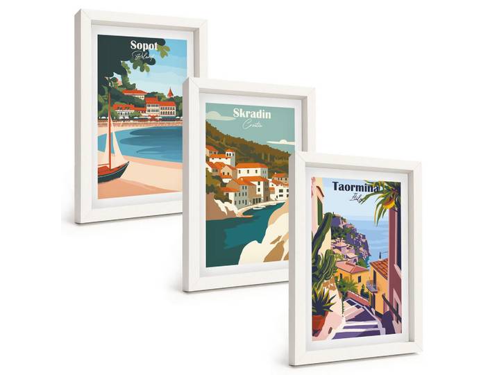 Tulup Bilder SET 3er Set - 20x30 cm Weißer Rahmen - Illustrationen von Küstenstädten, Kunststoff, Rechteckig, 20x30 cm, gerahmt, Bilder & Rahmen, Bilder