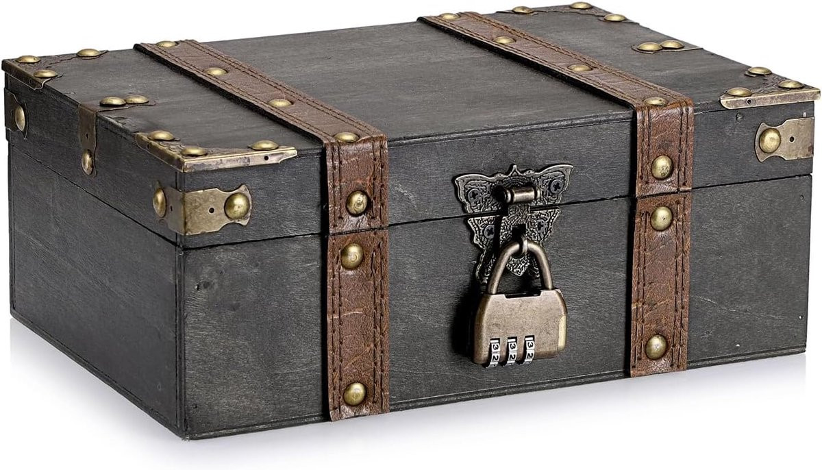 Decoratieve houten schatkist met cijferslot voor sieraden en accessoires, Grijs 1, B/D/H: 24 x 16 x 9,5 cm