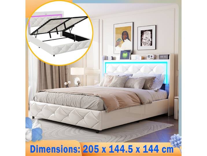 Creahappy Lit rembourré souple - Cadre de lit double rembourré en cuir PU - Tête de lit avec fonction de chargement et lumières LED