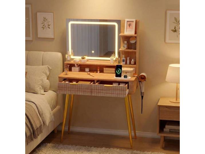 AFF Coiffeuse avec Miroir et Lumière Coiffeuse d'angle avec Rangement 2 Tiroirs 3 Modes d'Éclairage Maquillage bois naturel