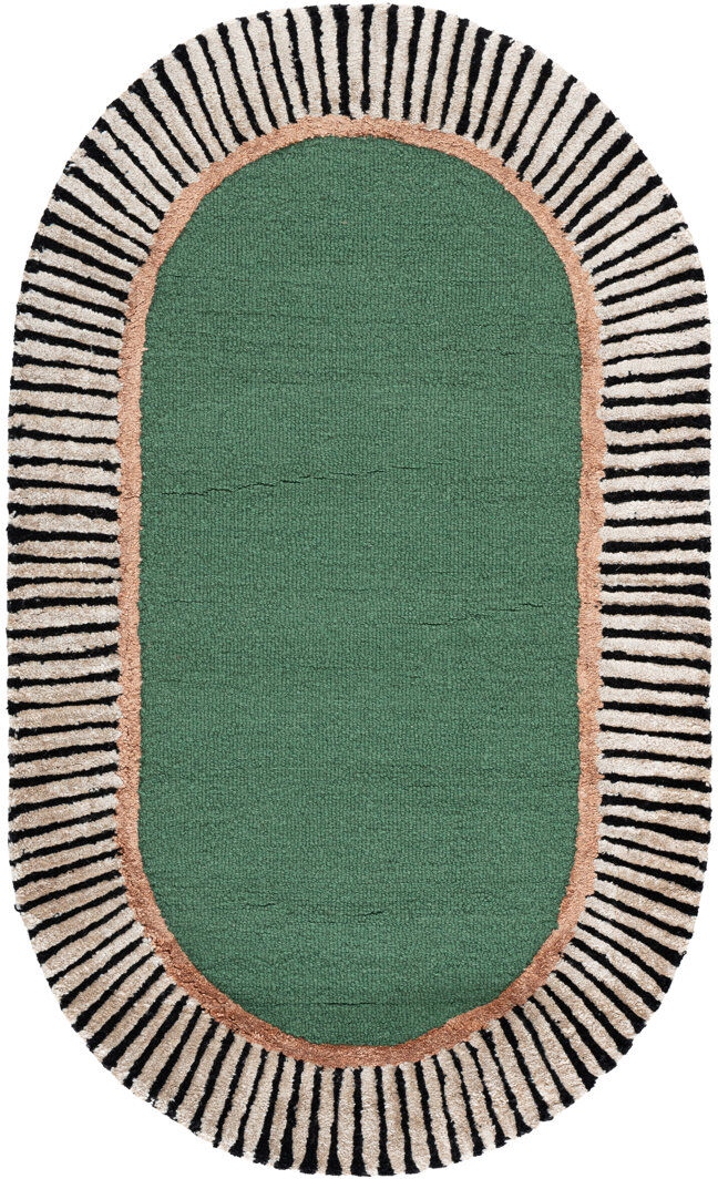 Ebern Designs Oval Striped Wool Hand Tufted Area Rug Green/Black Oval 91 x 152 cm