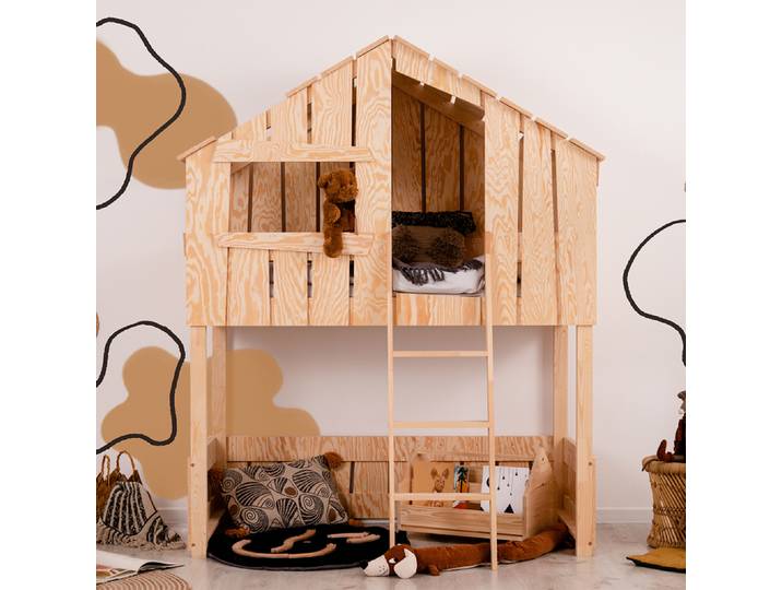 Lit cabane mi-hauteur 90x190 sommier inclus Tyler Bois