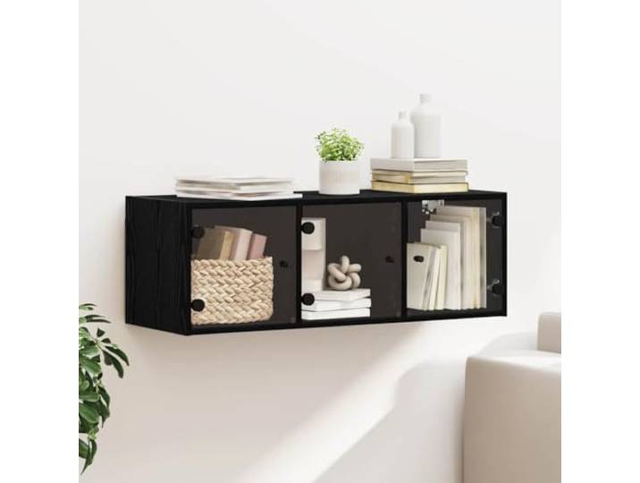 Wandschrank 102x37x35 cm Holzwerkstoff Schwarz Eichen-Optik mit Glastüren Transparente Glastüren, verstellbare Regalbretter, Wandmontage, platzsparend, pflegeleicht