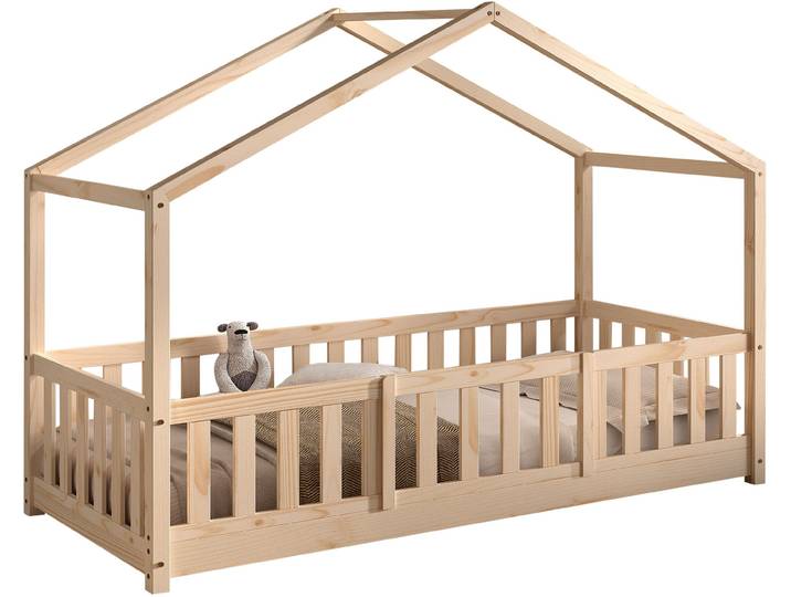 Hausbett VIPACK Dallas, Massivholzbett mit Dachaufbau umbaubar vom Boden- zum Daybett , braun (kiefer natur, kiefer natur, kiefer natur), B:97cm H:170cm L:210cm, Betten, mit Bettschublade, wahlweise Kiefer massiv natur oder weiß