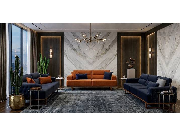 JVmoebel Polstergarnitur Polstergarnitur 4Sitzer 3Sitzer sofa Modern Kissen Dunkelblau Orange, (3-tlg), Made in Europa