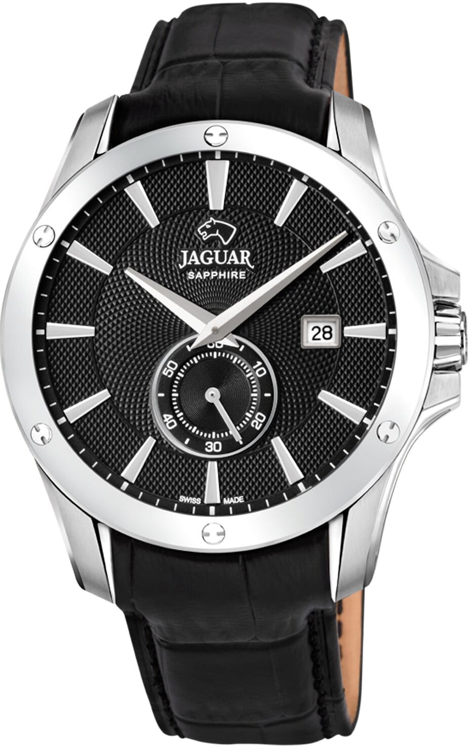 Quarzuhr JAGUAR "Acamar", schwarz (schwarz, schwarz), Armbanduhren, Herren, silberfarben, Quarzuhr, Armbanduhr, Herrenuhr, Saphirglas, Swiss Made, Lederarmband