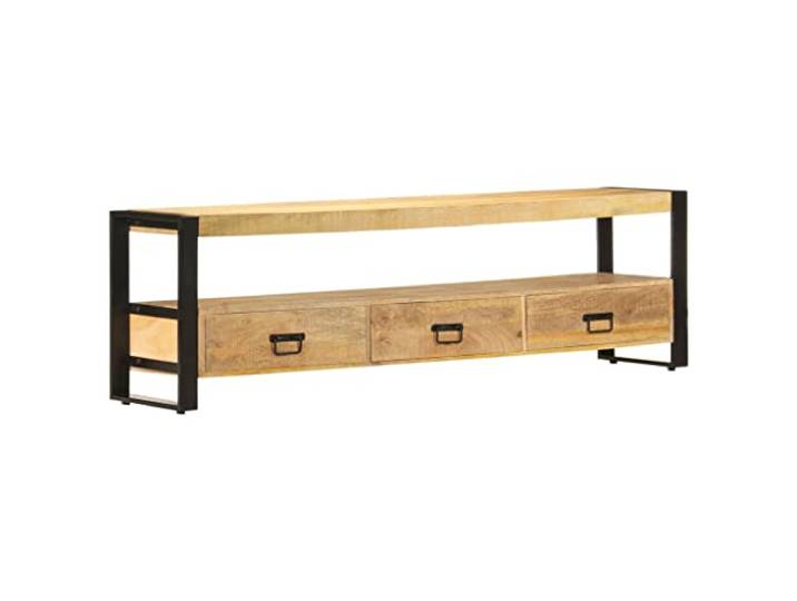 GHVBNMF TV Lowboard 150x30x45cm Massivholz Mango Fernsehtisch Rustikal Robustes Sideboard aus Mangoholz und Stahl mit 3 Schubladen und 1 Offenem Fach fuer Wohnzimmer und Flur.