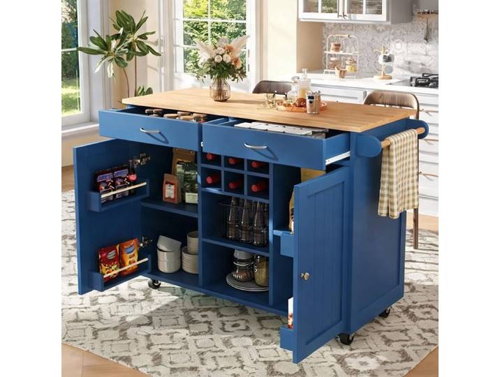 Îlot de cuisine contemporain 102×45×92 cm finition bois et rich blue rangement multifonction