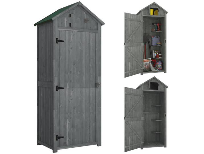 Outsunny Gartenschrank Gerätehaus Geräteschuppen, mit Fachböden, Asphaltdach, Holz, Grau+Grün, Dunkelgrau, 54.2x179x77 cm, Gartenzubehör, Geräteschuppen
