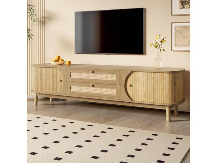 QLTXYHML TV-Möbel, Natur-Rattan, 2 Schubladen, Schiebetüren