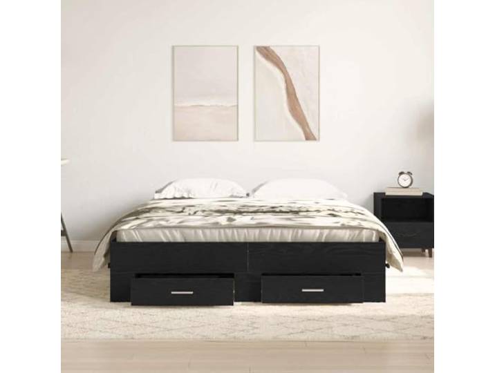 KTHLBRH Bettgestell Eiche Schwarz 135 x 190 cm Holz mehrschichtig Mit Schubladen, festen Latten, modernes Design, einfache Reinigung, Unterstützung 220 kg