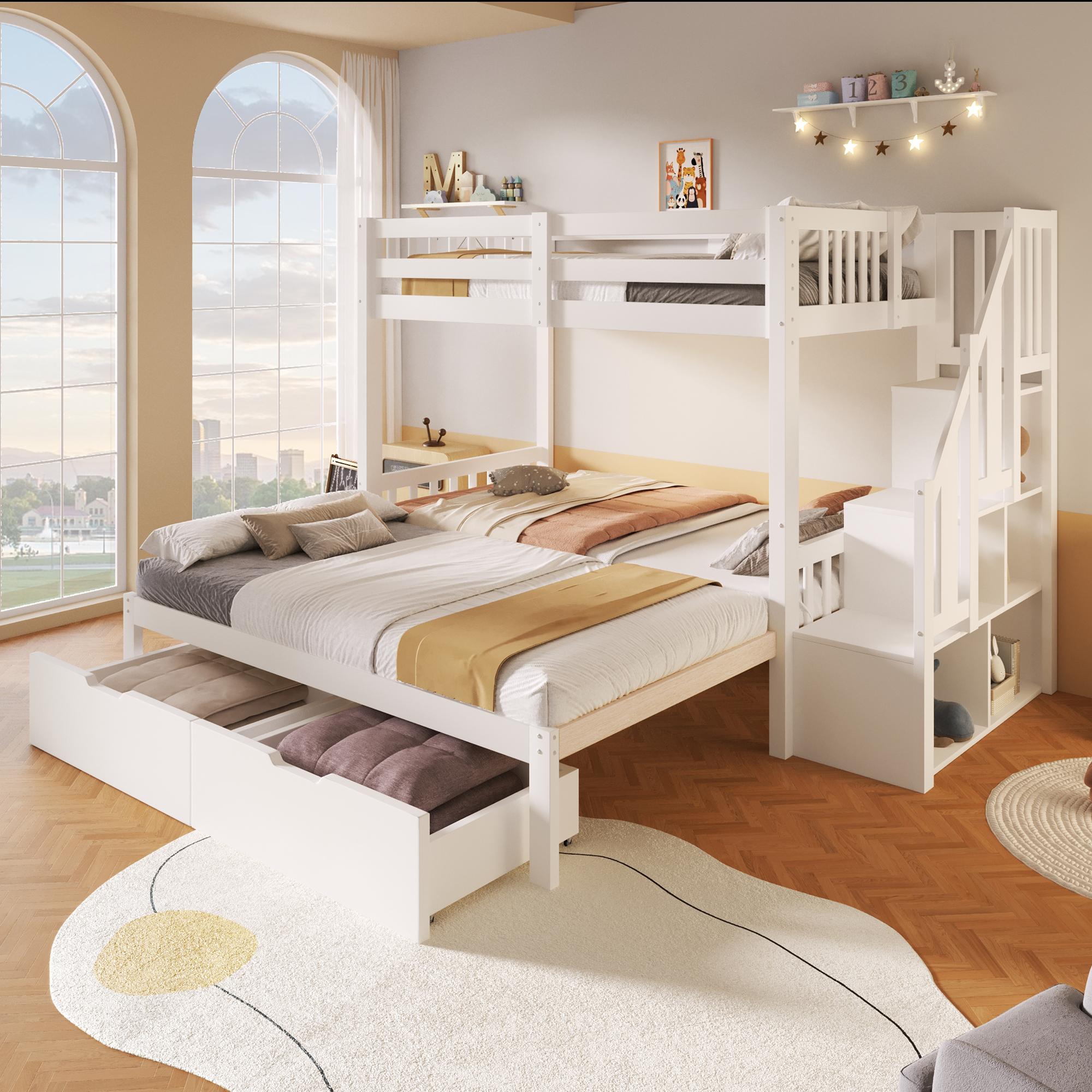 STILVORA Etagenbett 90×200 cm Kinderbett Massivholzbett mit Ausziehbett Rausfallschutz Stauraumleiter und zwei Schubladen weiß(ohne Matratze)