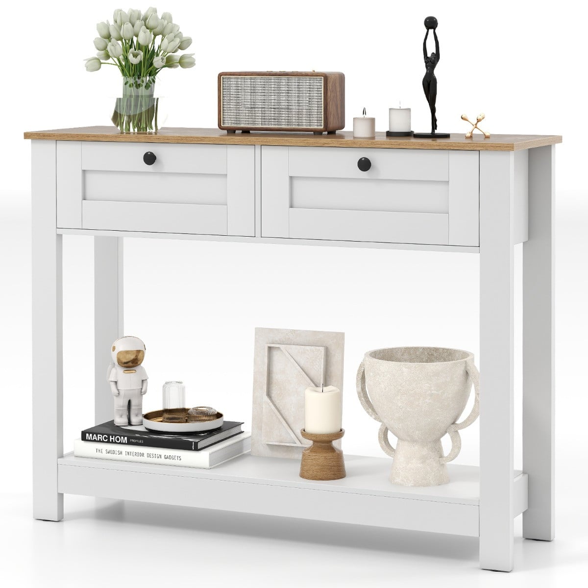 Costway Houten Console Tafel met 2 Lades en 2 Niveaus in Wit