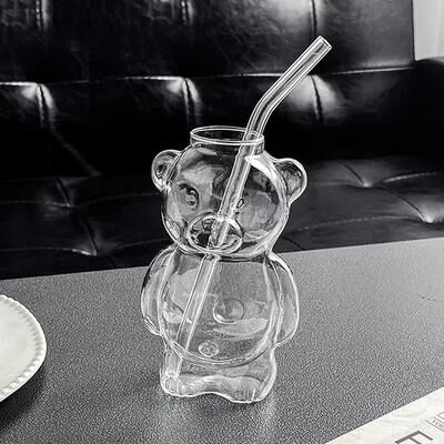 Youfap Market Creative Milk Coffee Water Cups, Cartoon Bear Shaped Coffee Mug Cute Bear Mug Glass Cup With Straw Transparent bear Mug With Straw