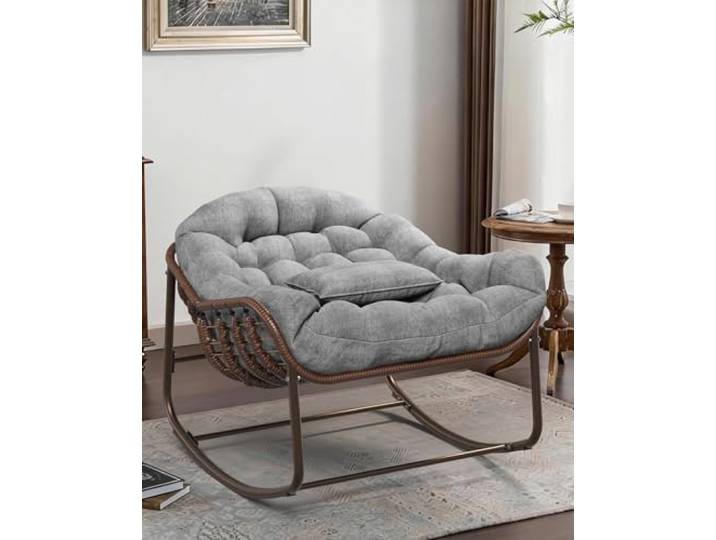 Schaukelstuhl Outdoor XXL, PE-Rattan Egg Chair Bis 180kg, Dunkelgrau Metallgestell, 12 cm wasserabweisendem Kissen & UV-beständig, für Garten, Balkon, Terrasse