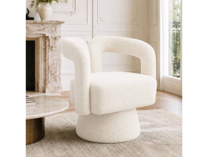 WUVRIE Fauteuil pivotant 360° bouclé beige avec accoudoirs intégrés assise rembourrée 67 x 55 x 74 cm