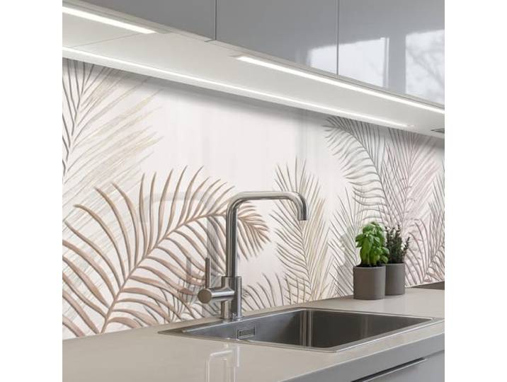 KitchenYeah© Rückwand Küche Rückwandschutz Selbstklebend Spritzschutz 80x400 cm - Küchenrückwand Küchenfront Küchen Selbstklebende Küchenrückwände Blätter - Beige - Botanisch - Vintage