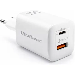Qoltec 50765 Ladegerät für Mobilgeräte Laptop Tragbare Spielekonsole Powerbank Smartphone Smartw (65 W, 2 Ports), USB Ladegerät, Weiss