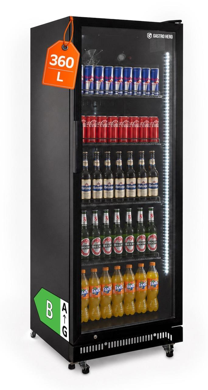 GastroHero Getränkekühlschrank GKSE360 360 Liter Umluftkühlung Glastür LED abschließbar 5 Roste schwarz Gastro Kühlschrank