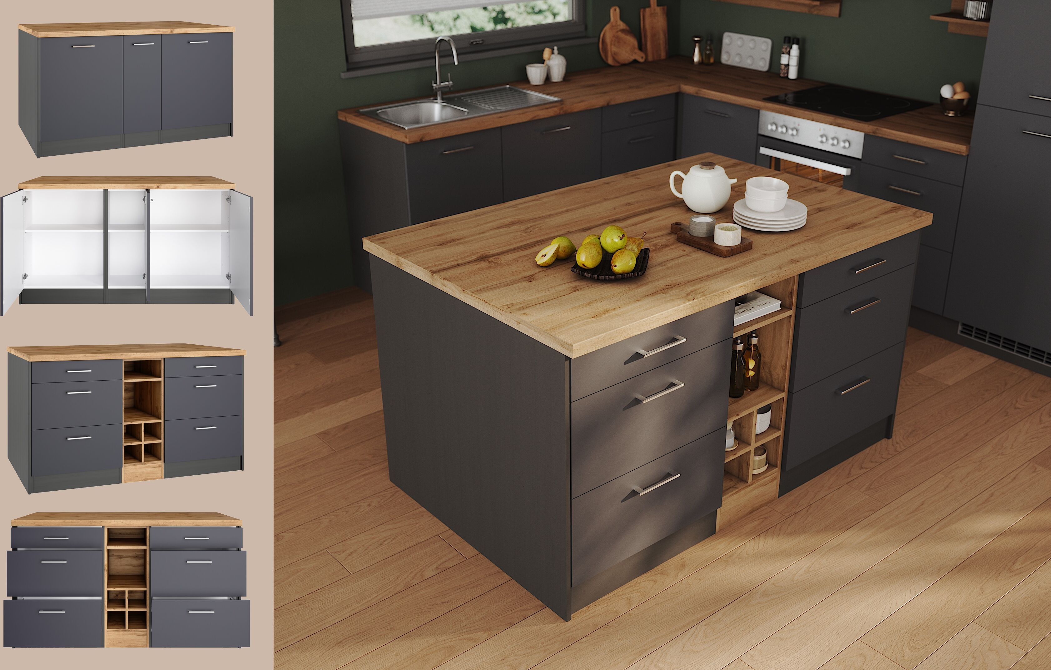 Kücheninsel KOCHSTATION "KS-Milan", grau (küche: grau, front: anthrazit, korpus: grafitgrau, arbeitsplatte: wotaneiche), B:153cm H:86cm T:100cm, Komplettküchen-Sets, Stellmaß 153/100 cm, viel Stauraum, Lebensmittelpunkt: Küche