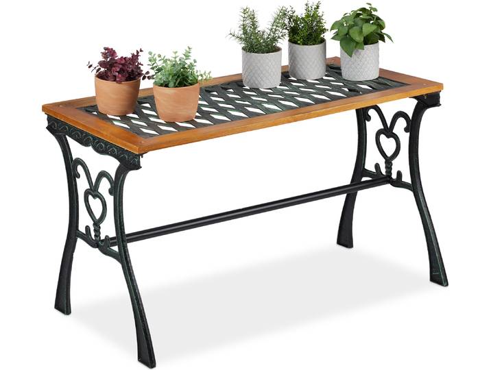 Relaxdays Gartentisch rechteckig, Outdoor, Vintage-Design, Holz & Gusseisen, HBT 58x98x47 cm, Balkontisch, natur-schwarz