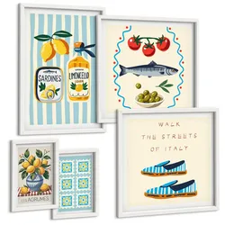 BILDER SET 5er Set - 50x50 cm & 20x30 cm & 40x60 cm Weißer Rahmen - Italienische Aromen, farbenfrohe Bilder