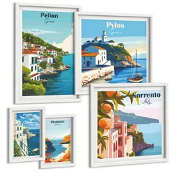 BILDER SET 5er Set - 50x50 cm & 20x30 cm & 40x60 cm Weißer Rahmen - Farbenfrohe Illustrationen von Retro-Städten