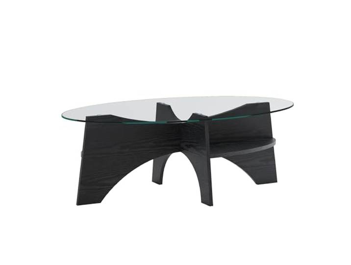 Vexelus Ovaler Couchtisch 104,9x60 cm MDF‑Sicherheitsglas, Schwarze Holzoptik mit unterer Ablage