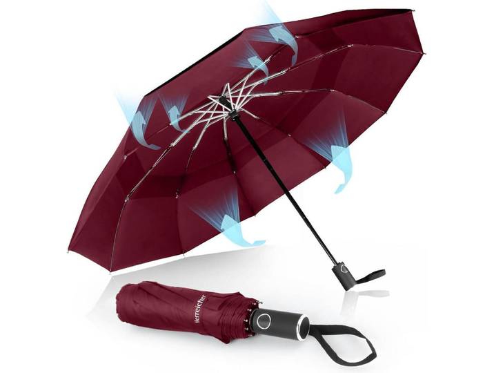 Regenschirm Automatik Sturmfest 102 cm Spannweite Rot, Bordeaux, 6x6 cm, Sonnenschutz, Sonnenschirme